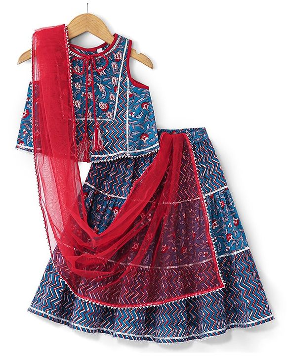 Babyhug Sleeveless Cotton Floral Printed Lehenga & Choli With Dupatta- Indigo & Red