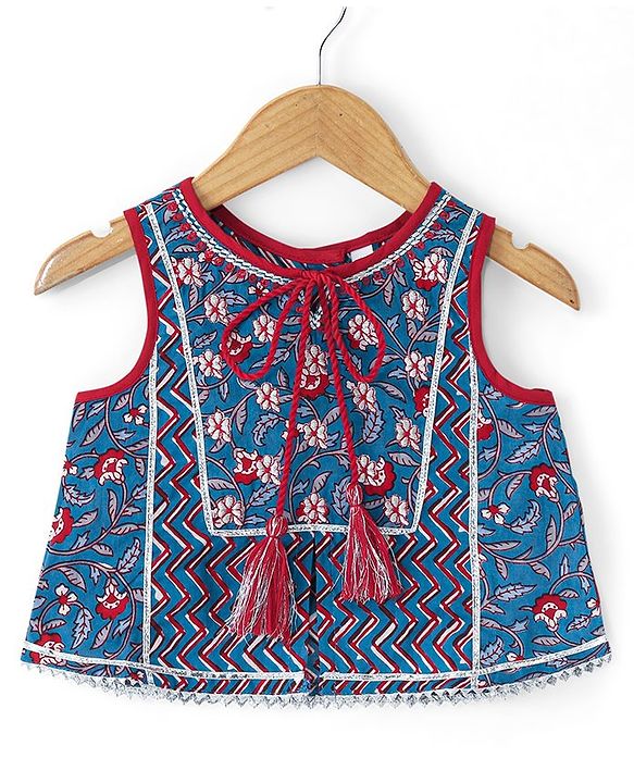 Babyhug Sleeveless Cotton Floral Printed Lehenga & Choli With Dupatta- Indigo & Red