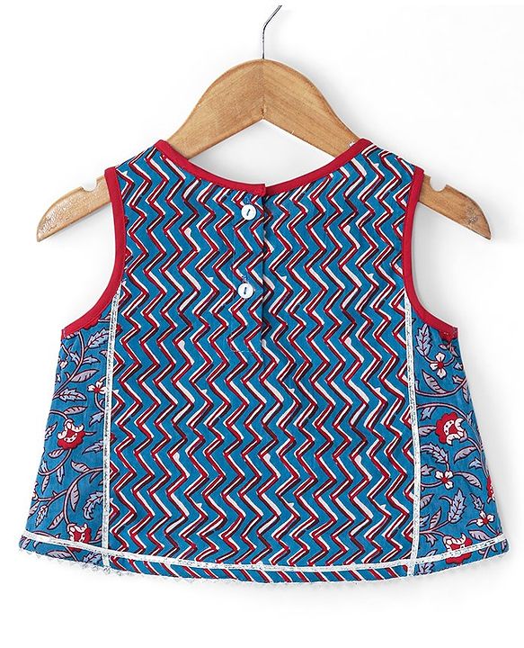 Babyhug Sleeveless Cotton Floral Printed Lehenga & Choli With Dupatta- Indigo & Red