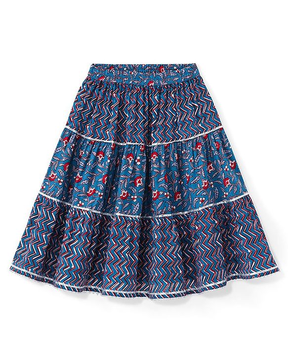Babyhug Sleeveless Cotton Floral Printed Lehenga & Choli With Dupatta- Indigo & Red