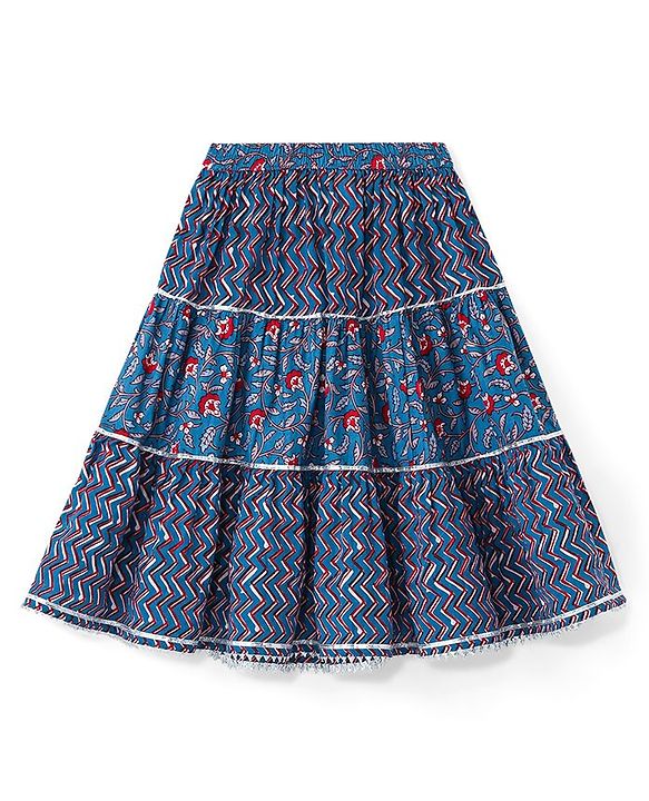 Babyhug Sleeveless Cotton Floral Printed Lehenga & Choli With Dupatta- Indigo & Red