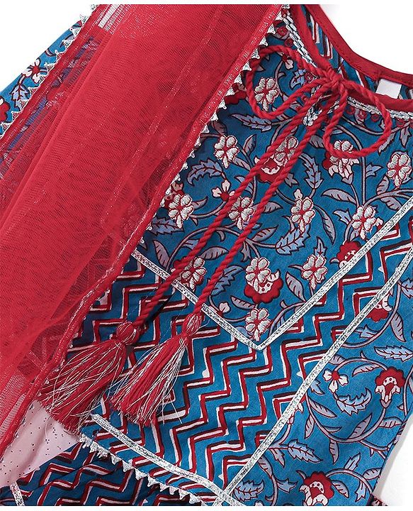 Babyhug Sleeveless Cotton Floral Printed Lehenga & Choli With Dupatta- Indigo & Red