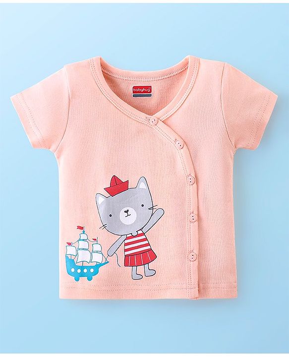 Babyhug 100% Cotton Half Sleeves Vests Boat & Kitty Print Pack of 3- Peach White & Red