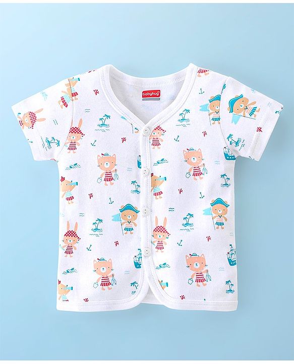 Babyhug 100% Cotton Half Sleeves Vests Boat & Kitty Print Pack of 3- Peach White & Red