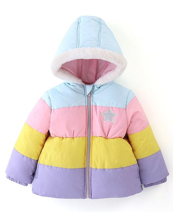 Babyhug Full Sleeves Woven Hoodie Star Patch - Purple Yellow & Blue