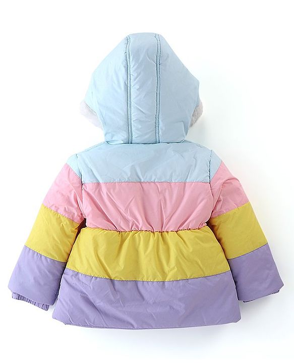 Babyhug Full Sleeves Woven Hoodie Star Patch - Purple Yellow & Blue