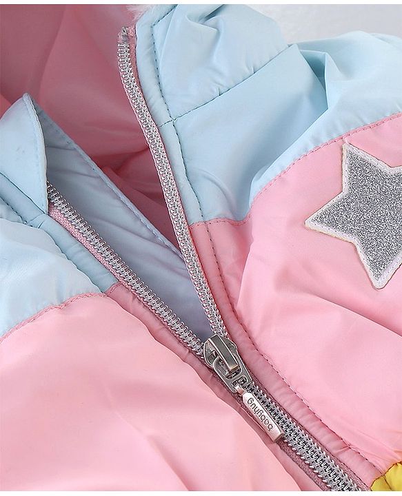 Babyhug Full Sleeves Woven Hoodie Star Patch - Purple Yellow & Blue