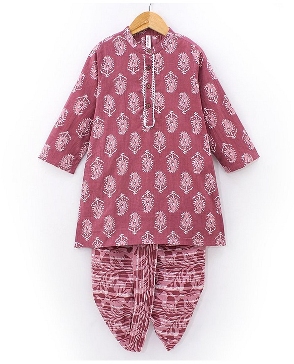 Babyhug 100% Cotton Woven Full Sleeves Kurta With Dhoti Kolka Print - Red