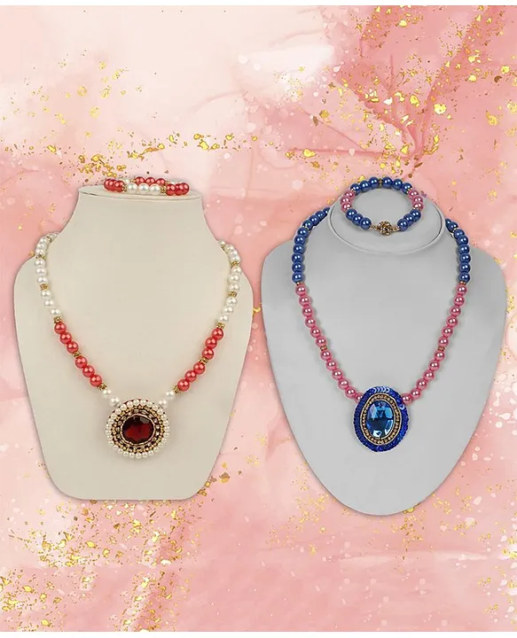 Pink White Blue Gold Tone Necklace Set - Zakarto