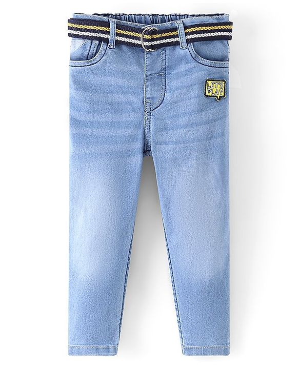Babyhug Cotton Full Length Washed Denim Stretch Jeans With Mock Fly  - Blue