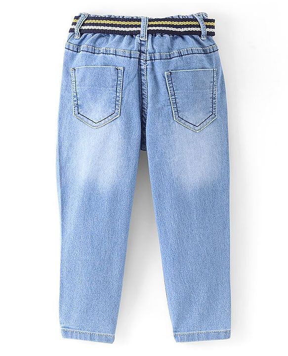Babyhug Cotton Full Length Washed Denim Stretch Jeans With Mock Fly  - Blue