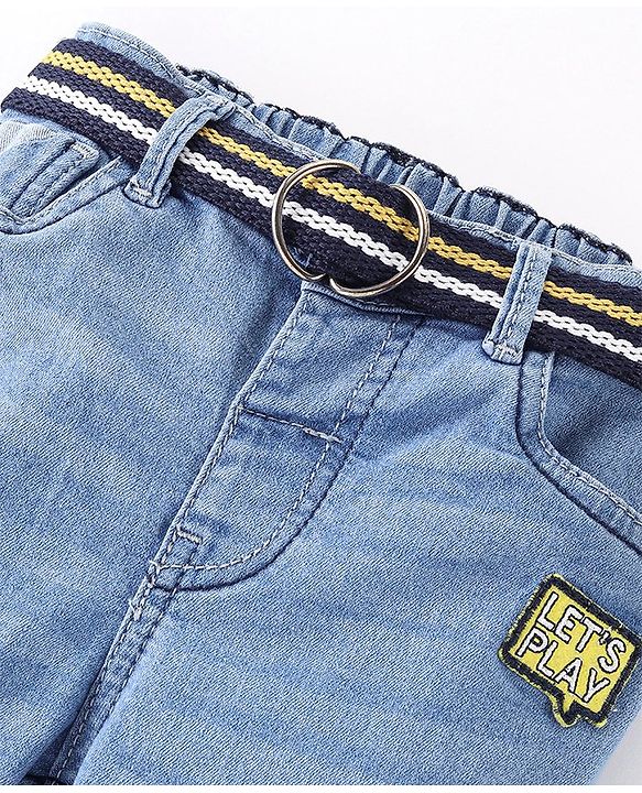 Babyhug Cotton Full Length Washed Denim Stretch Jeans With Mock Fly  - Blue