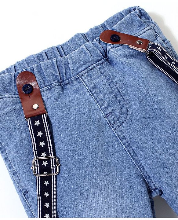 Babyhug Cotton Spandex Full Length Stretchable Washed Denim Jeans with Suspenders - Light Blue