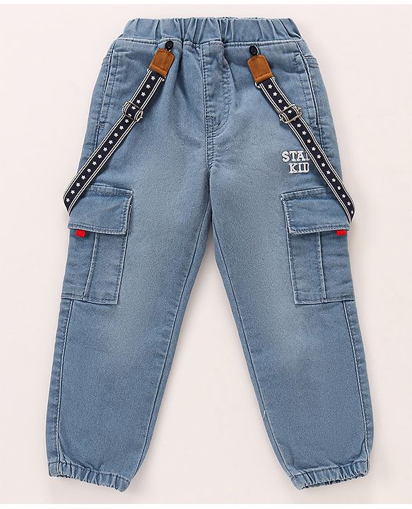 Babyhug Cotton Spandex Full Length Stretchable Washed Denim Jeans with Suspenders - Light Blue