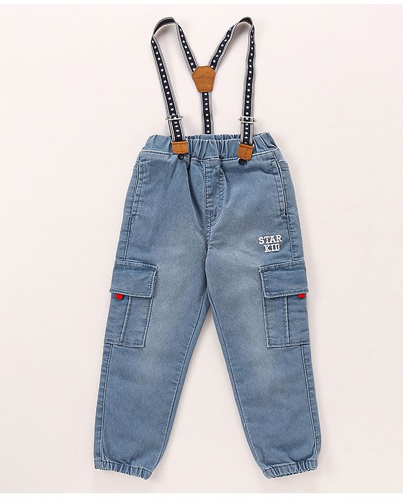 Babyhug Cotton Spandex Full Length Stretchable Washed Denim Jeans with Suspenders - Light Blue
