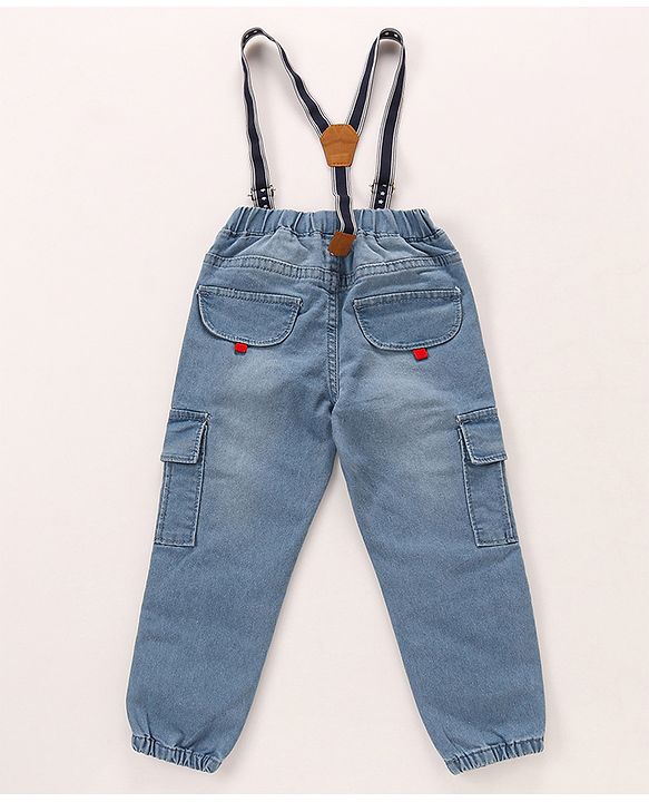 Babyhug Cotton Spandex Full Length Stretchable Washed Denim Jeans with Suspenders - Light Blue