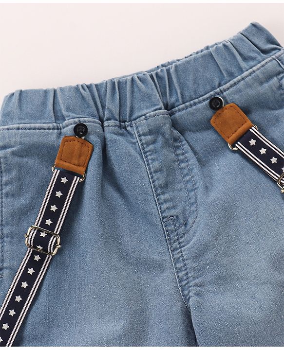 Babyhug Cotton Spandex Full Length Stretchable Washed Denim Jeans with Suspenders - Light Blue