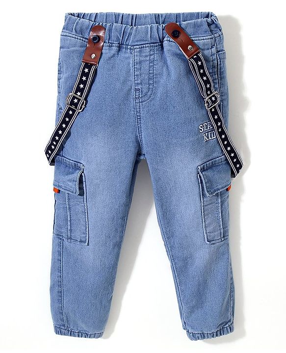 Babyhug Cotton Spandex Full Length Stretchable Washed Denim Jeans with Suspenders - Light Blue