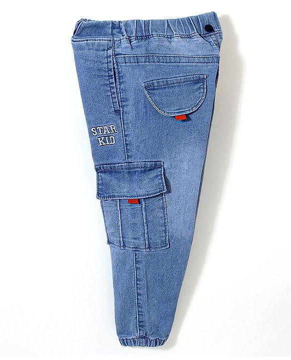 Babyhug Cotton Spandex Full Length Stretchable Washed Denim Jeans with Suspenders - Light Blue