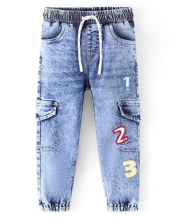 Babyhug Cotton Washed Denim Full Length Number Embroidered Jogger - Blue