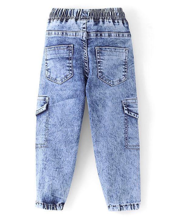 Babyhug Cotton Washed Denim Full Length Number Embroidered Jogger - Blue