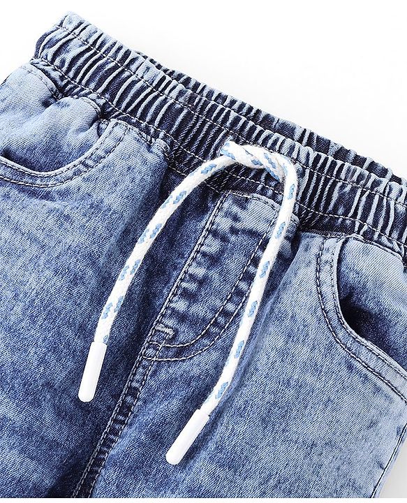 Babyhug Cotton Washed Denim Full Length Number Embroidered Jogger - Blue
