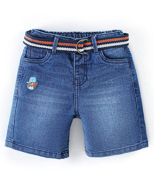Babyhug Cotton Stretchable Above Knee Length Washed Bermuda with Belt - Blue