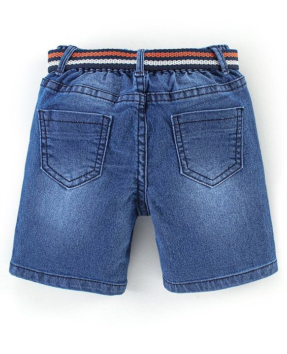 Babyhug Cotton Stretchable Above Knee Length Washed Bermuda with Belt - Blue