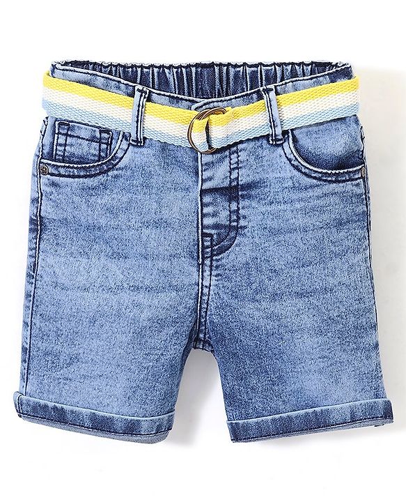 Babyhug Cotton Washed Denim Stretchable Above Knee Length Bermuda With Belt Solid With Mock Fly  - Blue