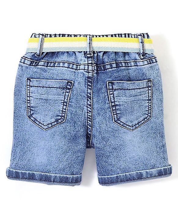 Babyhug Cotton Washed Denim Stretchable Above Knee Length Bermuda With Belt Solid With Mock Fly  - Blue
