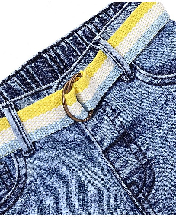 Babyhug Cotton Washed Denim Stretchable Above Knee Length Bermuda With Belt Solid With Mock Fly  - Blue