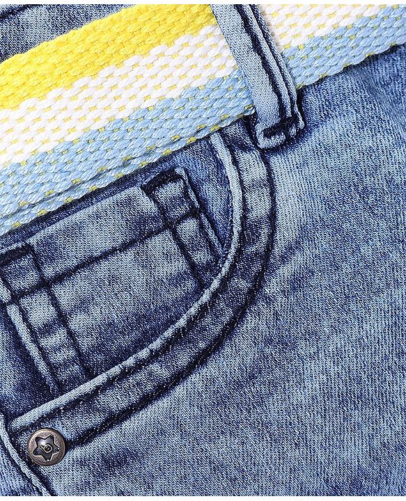 Babyhug Cotton Washed Denim Stretchable Above Knee Length Bermuda With Belt Solid With Mock Fly  - Blue