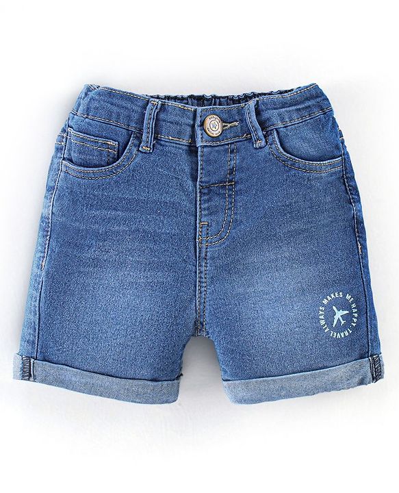 Babyhug Cotton Stretchable Mid Thigh Length Washed Shorts   Fly With Zipper -  Blue