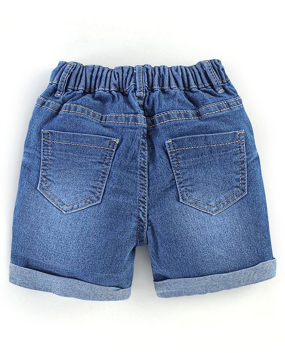 Babyhug Cotton Stretchable Mid Thigh Length Washed Shorts   Fly With Zipper -  Blue
