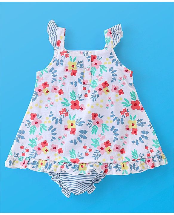 Babyhug 100% Cotton Knit Sleeveless Onesie Floral Print - White