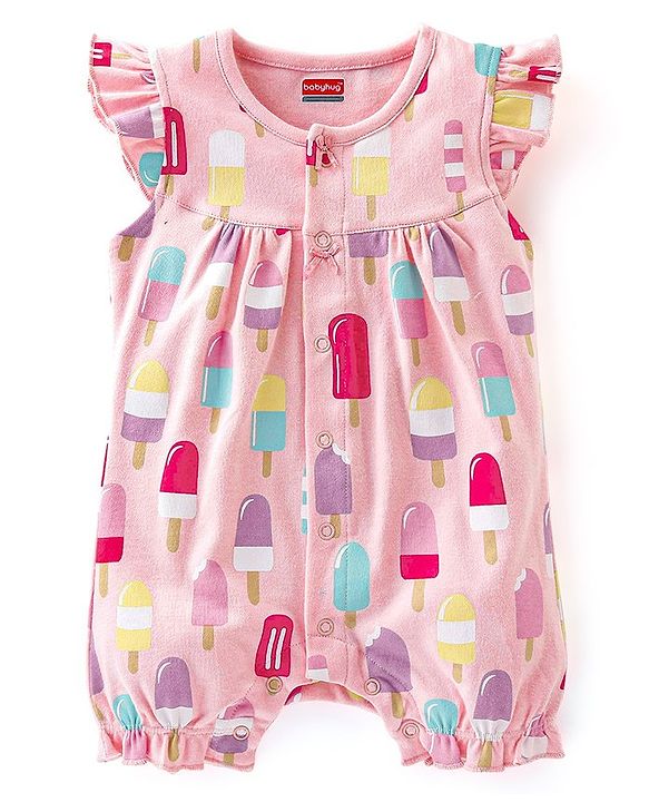 Babyhug 100% Cotton Frill Sleeves Romper Dot & Popsicle Print Pack of 2- Pink & Purple