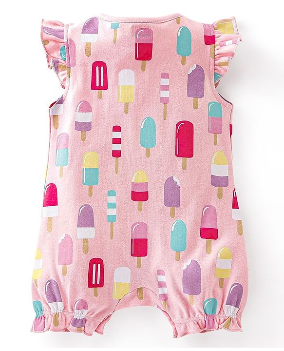 Babyhug 100% Cotton Frill Sleeves Romper Dot & Popsicle Print Pack of 2- Pink & Purple
