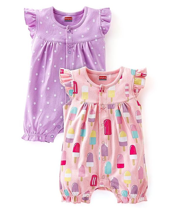 Babyhug 100% Cotton Frill Sleeves Romper Dot & Popsicle Print Pack of 2- Pink & Purple