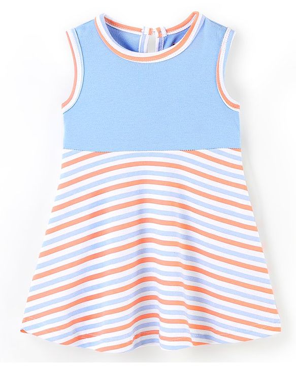 Babyhug 100% Cotton Knit Sleeveless Striped Frock - Blue
