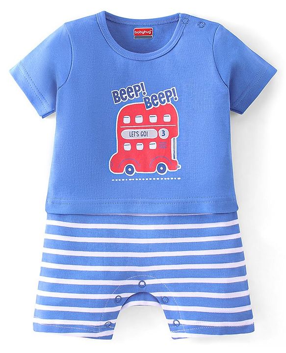 Babyhug 100% Cotton Knit Half Sleeves Striped Romper with Bus Print - Blue