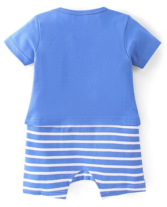 Babyhug 100% Cotton Knit Half Sleeves Striped Romper with Bus Print - Blue