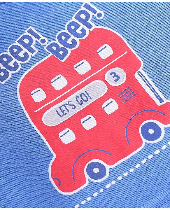 Babyhug 100% Cotton Knit Half Sleeves Striped Romper with Bus Print - Blue