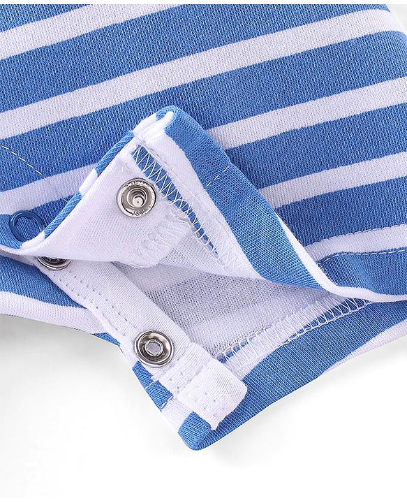 Babyhug 100% Cotton Knit Half Sleeves Striped Romper with Bus Print - Blue