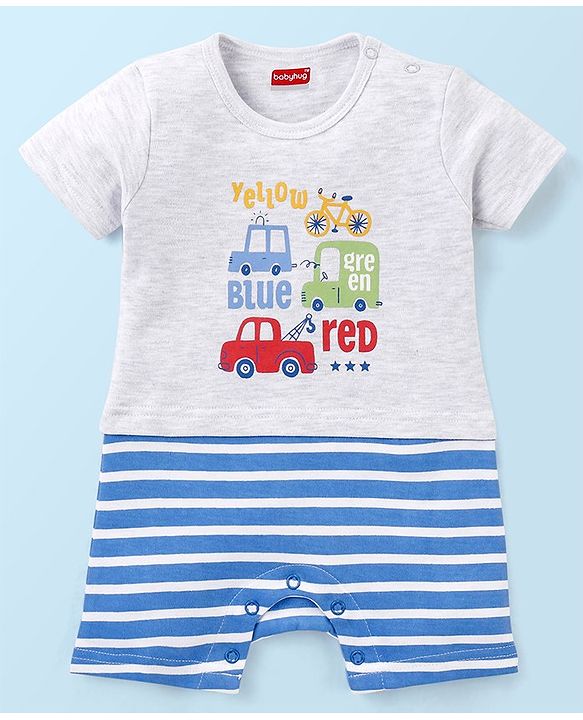 Babyhug Cotton Half Sleeves Romper Stripes & Car Print- Grey