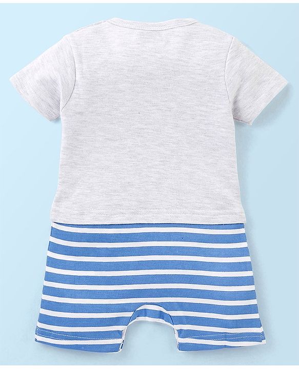 Babyhug Cotton Half Sleeves Romper Stripes & Car Print- Grey