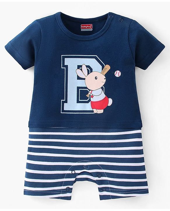 Babyhug 100% Cotton Knit Half Sleeves Striped Romper with Bunny Print - Navy Blue