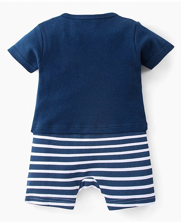 Babyhug 100% Cotton Knit Half Sleeves Striped Romper with Bunny Print - Navy Blue