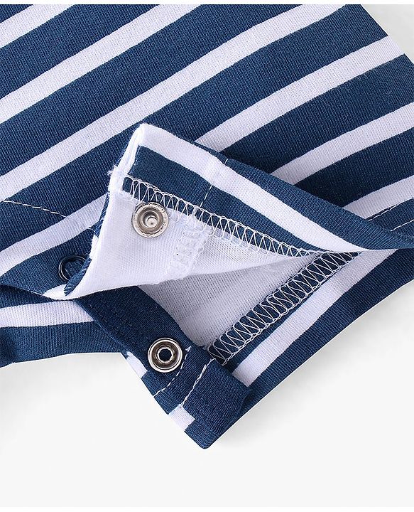 Babyhug 100% Cotton Knit Half Sleeves Striped Romper with Bunny Print - Navy Blue