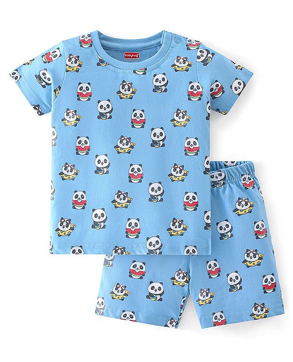 Babyhug Cotton Knit Half Sleeves Night Suit Panda Print - Blue