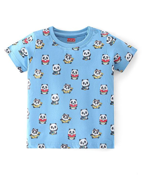 Babyhug Cotton Knit Half Sleeves Night Suit Panda Print - Blue